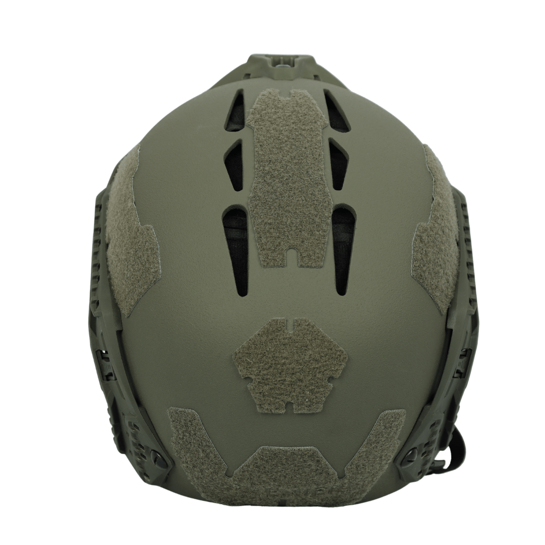 Olive drab Premier Body Armor Fortis Bump Helmet, a high-cut design with velcro panels and ventilation slots.