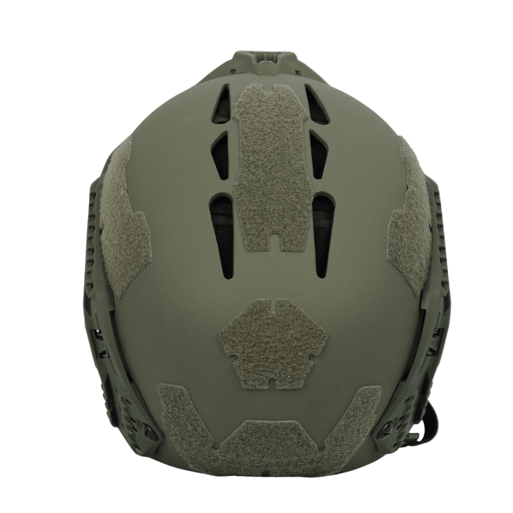 Olive drab Premier Body Armor Fortis Bump Helmet, a high-cut design with velcro panels and ventilation slots.