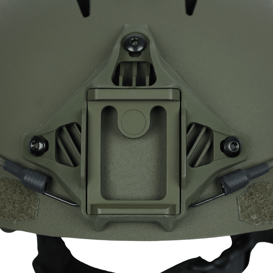 Olive green Premier Body Armor Fortis Bump Helmet featuring a front-mounted, NVG compatible accessory shroud and mounting hardware.
