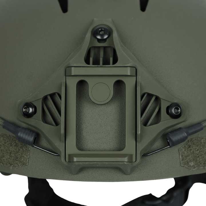 Olive green Premier Body Armor Fortis Bump Helmet featuring a front-mounted, NVG compatible accessory shroud and mounting hardware.
