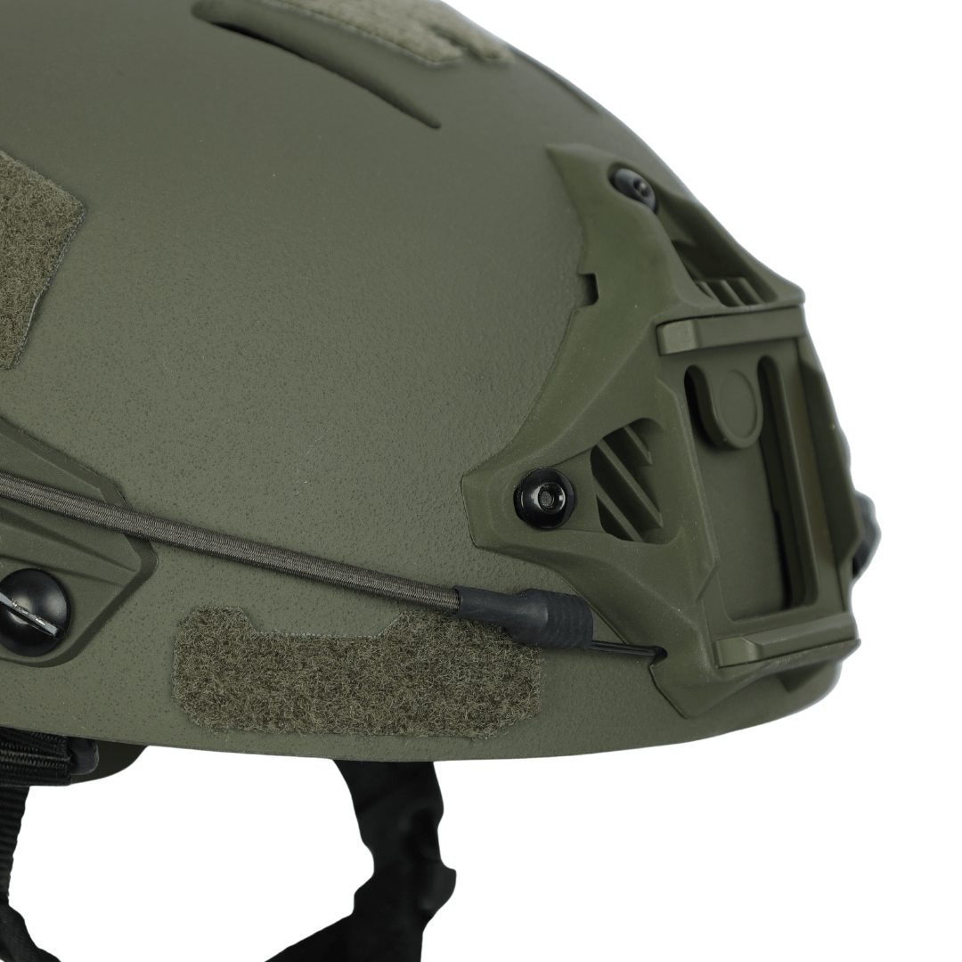 Olive drab Premier Body Armor Fortis Bump Helmet with a front NVG-compatible accessory mount and hook-and-loop panels.