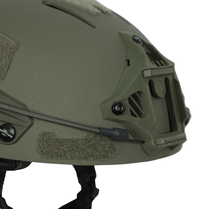 Olive drab Premier Body Armor Fortis Bump Helmet with a front NVG-compatible accessory mount and hook-and-loop panels.