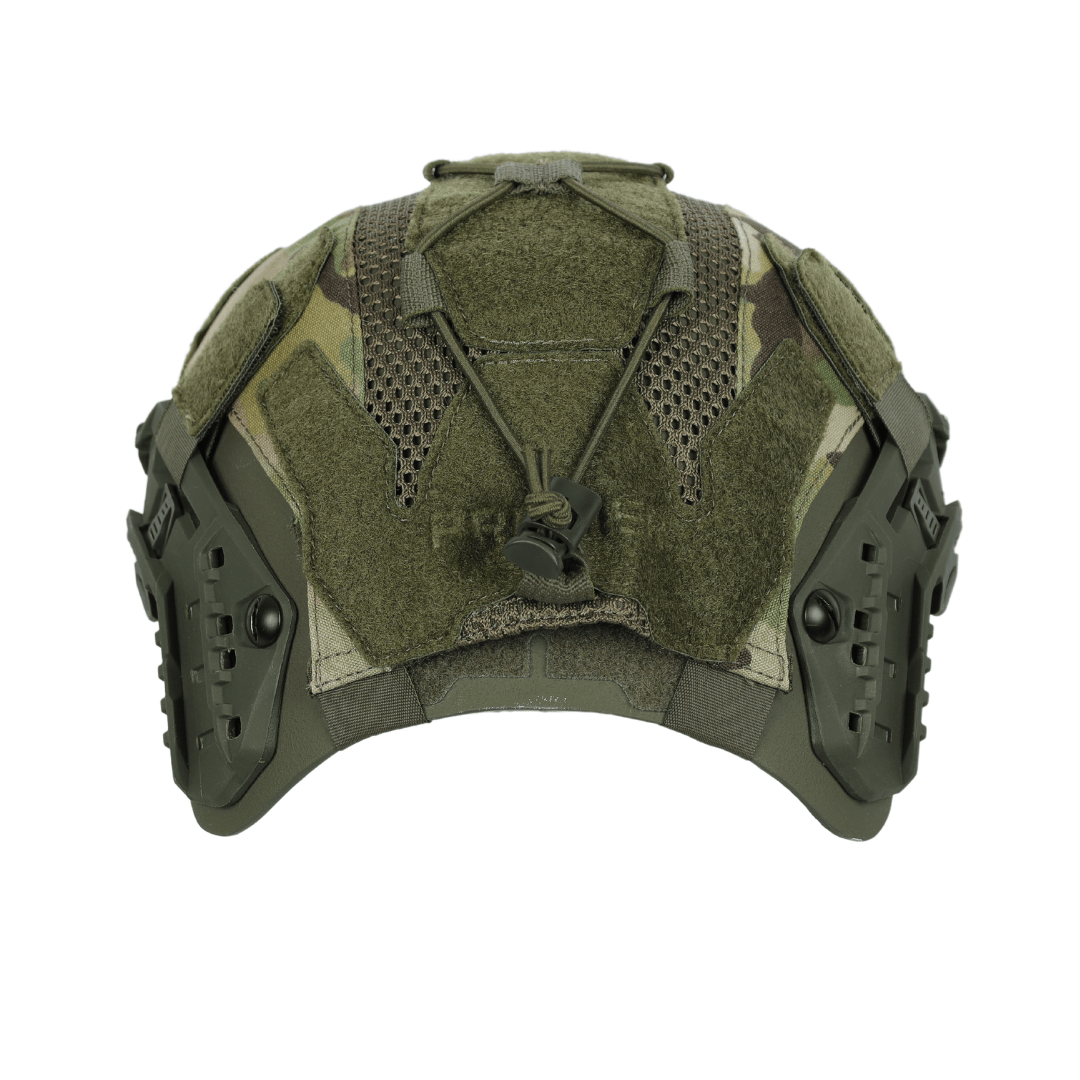 Premier Body Armor Fortis Bump Helmet Cover in camouflage print with olive green side rails, webbing, and a rear bungee adjustment cord.