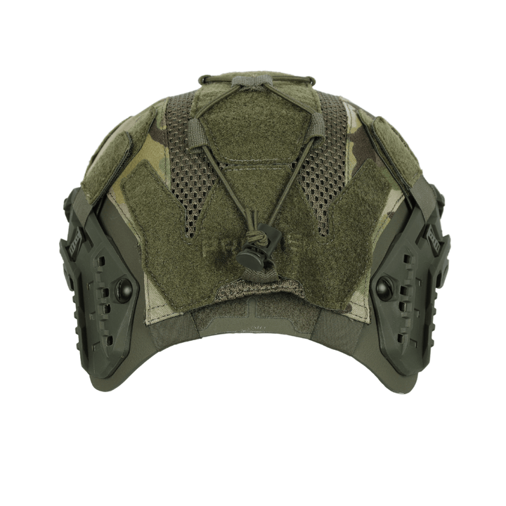 Premier Body Armor Fortis Bump Helmet Cover in camouflage print with olive green side rails, webbing, and a rear bungee adjustment cord.
