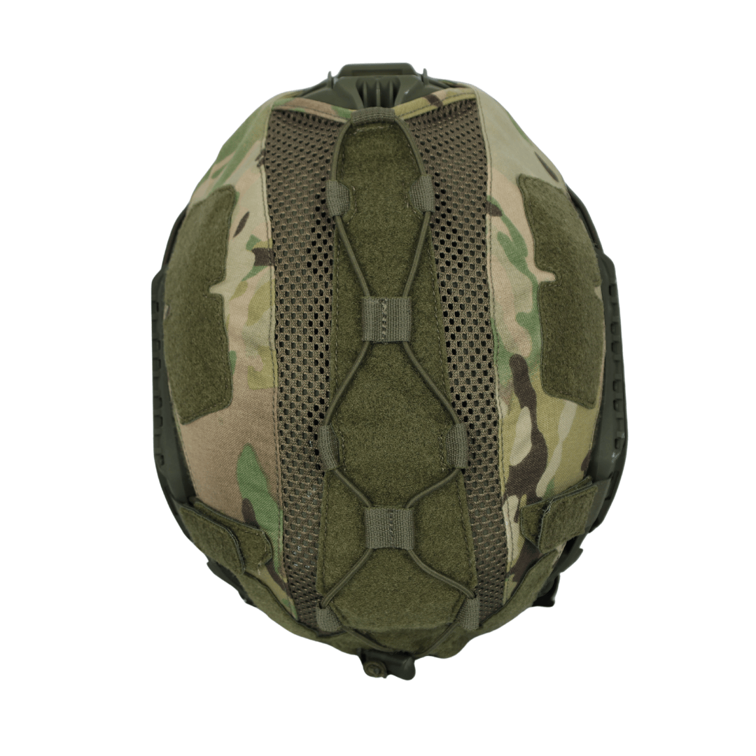 A Premier Body Armor Fortis Bump Helmet Cover featuring a central mesh panel with integrated bungee cord retention straps and hook-and-loop patches on the sides.