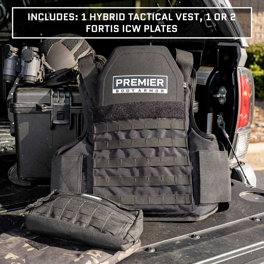 An Adaptable Response Loadout in black, emblazoned with "Premier Body Armor" on the chest, is displayed on the open tailgate of a vehicle, highlighting its tactical versatility. Nearby are a tactical helmet, a black case, and a pouch. Text above reads: "Includes: 1 Adaptable Response Loadout Tactical Vest, 1 or 2 Fortis III+ ICW Plates.