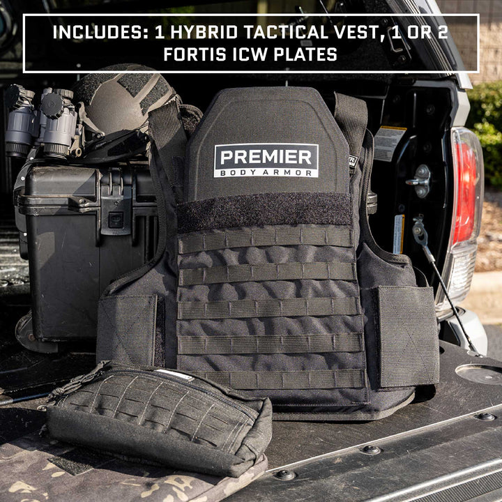 An Adaptable Response Loadout in black, emblazoned with "Premier Body Armor" on the chest, is displayed on the open tailgate of a vehicle, highlighting its tactical versatility. Nearby are a tactical helmet, a black case, and a pouch. Text above reads: "Includes: 1 Adaptable Response Loadout Tactical Vest, 1 or 2 Fortis III+ ICW Plates.