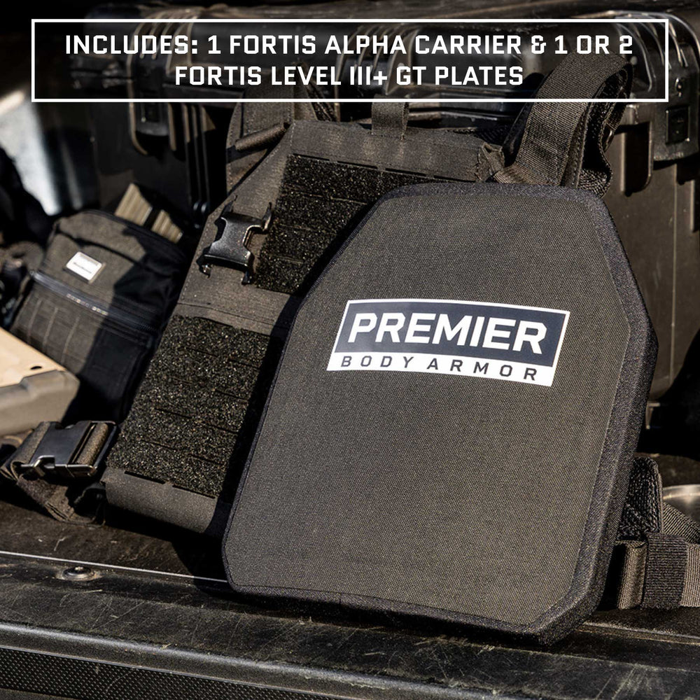 A close-up image of tactical body armor gear, including the Fortis Level III+ GT Loadout by Premier Body Armor, showcases the essential ballistic protection trusted by tactical professionals. The equipment is meticulously laid out on what appears to be the back of a vehicle.