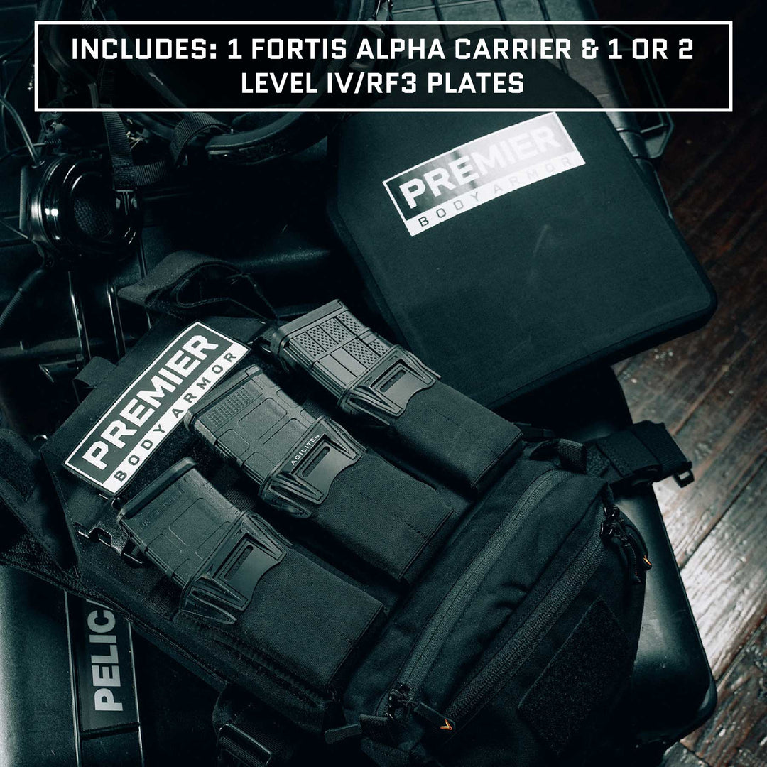 A Premier Body Armor Fortis Level IV Loadout is showcased, featuring a tactical vest equipped with magazines and two body armor plates. The text reads, "INCLUDES: 1 FORTIS ALPHA CARRIER & 1 OR 2 LEVEL IV/RF3 PLATES." The items, symbolizing tactical flexibility, are arranged on a dark surface with a Pelican case partially visible.