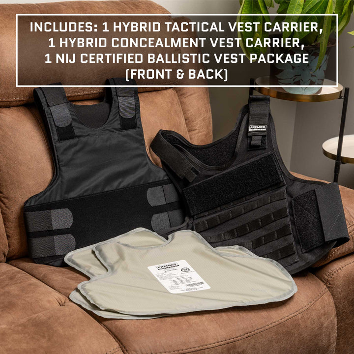 A Premier Body Armor Overt/Covert Vest Bundle, featuring a black hybrid tactical vest carrier, a black hybrid concealment vest carrier, and two NIJ certified Level IIIA ballistic vest packages, is laid out on a brown couch. In the background, there's a small side table with a plant. Text overlay lists the included items, ensuring optimal covert protection.