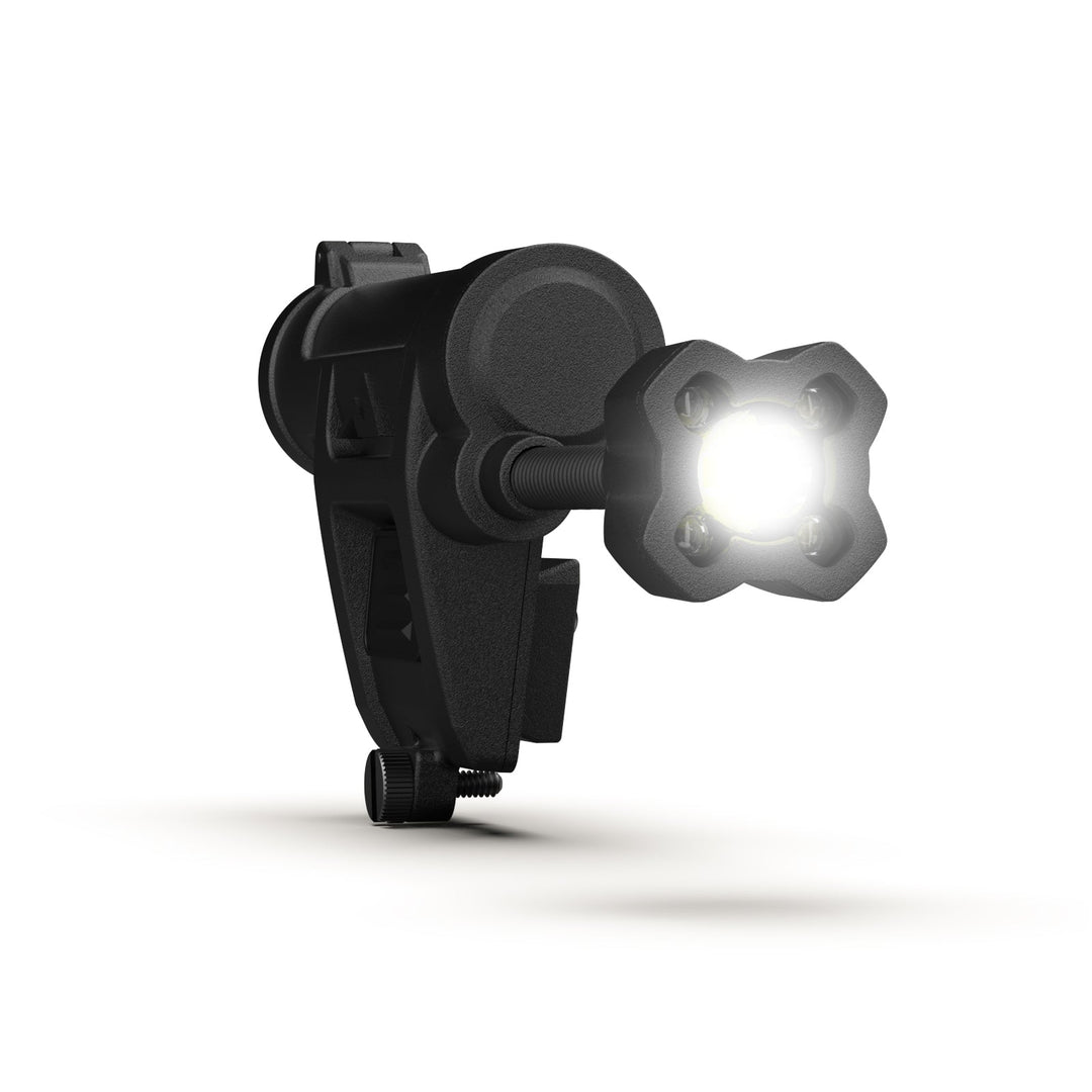 The Princeton Tec Charge X Helmet Light, a black clip-on light from Princeton Tec featuring a bright LED bulb for tactical illumination, is displayed against a white background. The light attaches to an adjustable arm on the clip, allowing for easy positioning and versatile use.