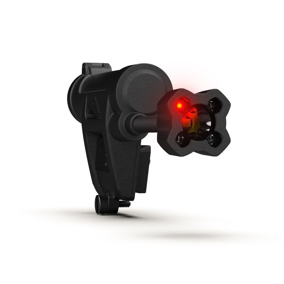 The Princeton Tec Charge X Helmet Light, a black metal device from Princeton Tec, features a star-shaped opening at the front and a small red light for tactical illumination. It includes an adjustable clamp mechanism with screws and is showcased against a white background.