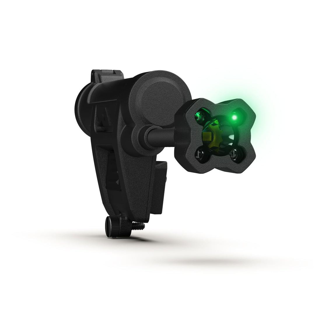 The Princeton Tec Charge X Helmet Light, a black mechanical device featuring a cylindrical component and green LED light, provides tactical illumination. Its design includes a clamp-like structure and adjustable knobs, making it ideal for mounting on helmets. The multi-color LEDs enhance its versatility, with the green light remaining prominently visible on one end.