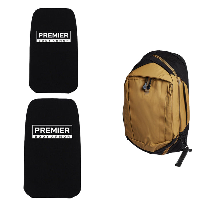 Image showing the Armored Vertx Commuter 3.0 Bag Bundle by Vertx/Premier, featuring two black rectangular panels labeled "Premier Body Armor" on the left and a tan and black commuter backpack on the right. The ballistic panels are designed as inserts to fit inside the backpack, providing a convenient hands-free sling design.