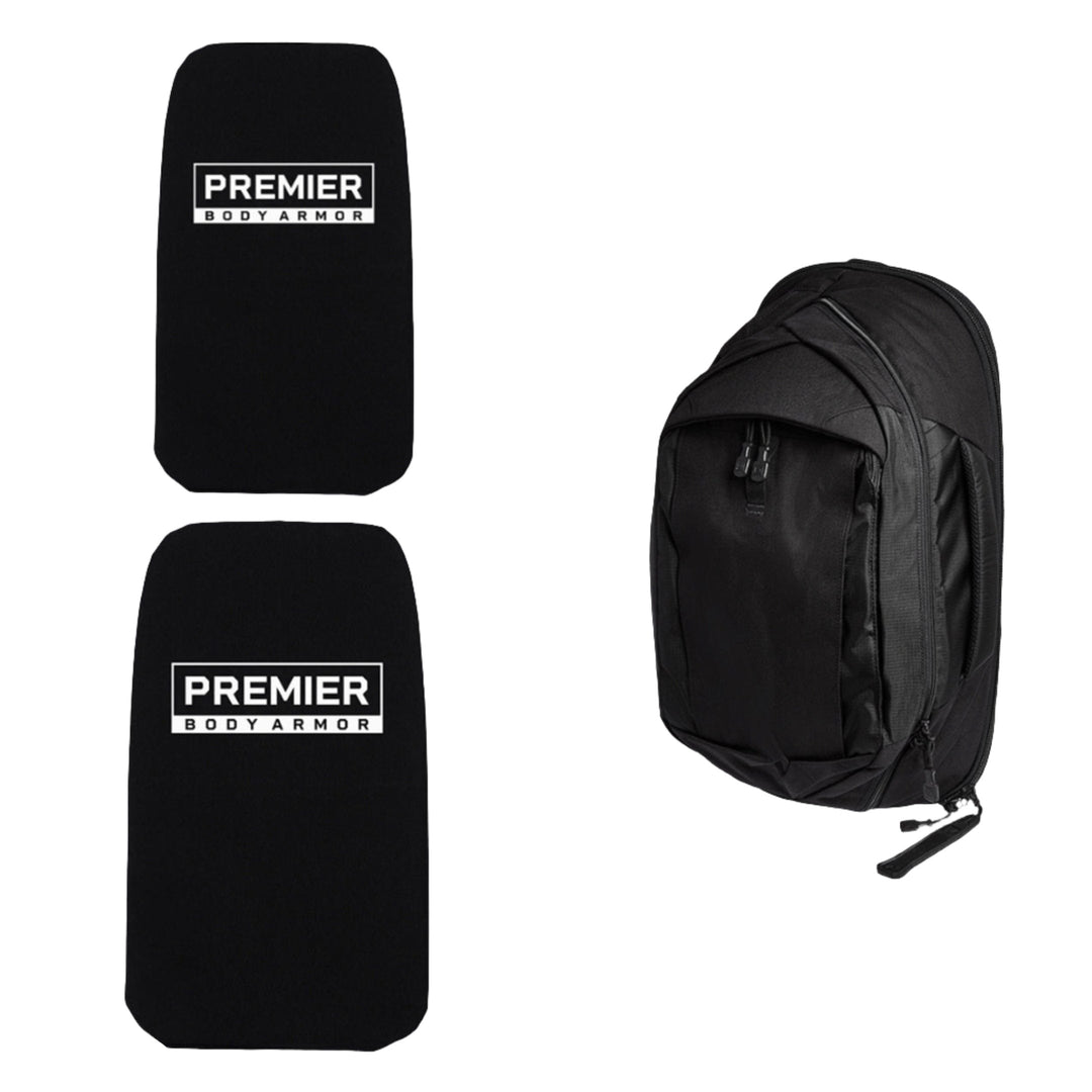 The image shows the Armored Vertx Commuter 3.0 Bag Bundle by Vertx/Premier, featuring two rectangular black panels labeled "PREMIER BODY ARMOR" and a commuter backpack with a simple design on the side. The ballistic panels are likely individual protective inserts designed to be placed inside the backpack.