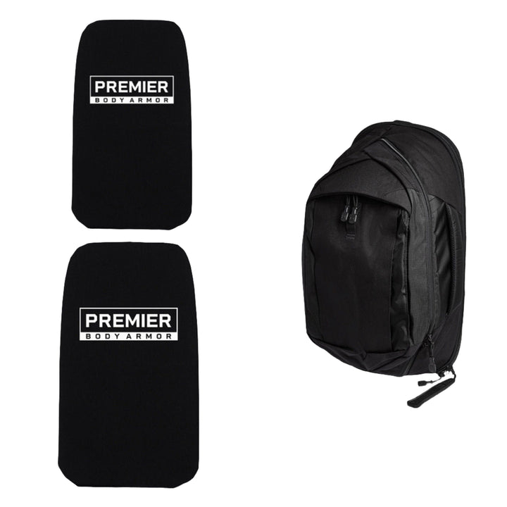 The image shows the Armored Vertx Commuter 3.0 Bag Bundle by Vertx/Premier, featuring two rectangular black panels labeled "PREMIER BODY ARMOR" and a commuter backpack with a simple design on the side. The ballistic panels are likely individual protective inserts designed to be placed inside the backpack.