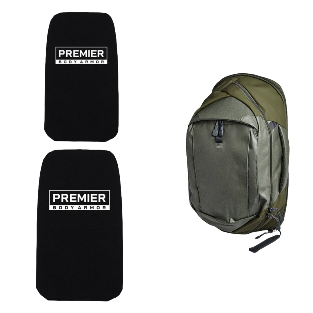 The image shows an Armored Vertx Commuter 3.0 Bag Bundle in green and black, next to two black rectangular body armor inserts labeled "PREMIER BODY ARMOR." Designed for added protection, the ballistic panels fit seamlessly inside the backpack.