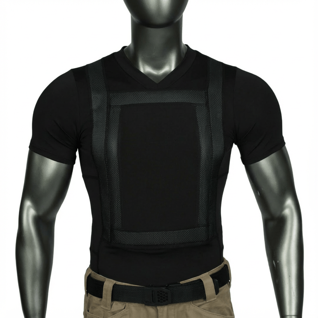 A mannequin wears a Premier Body Armor Everyday Armor T-shirt 360 Core, featuring black short sleeves and tan pants, standing against a plain background.