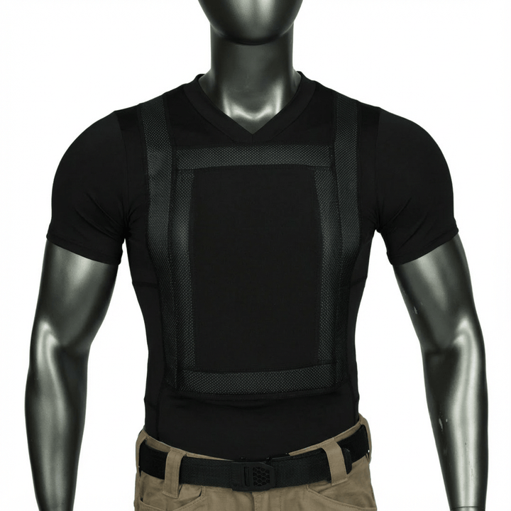 A mannequin wears a Premier Body Armor Everyday Armor T-shirt 360 Core, featuring black short sleeves and tan pants, standing against a plain background.