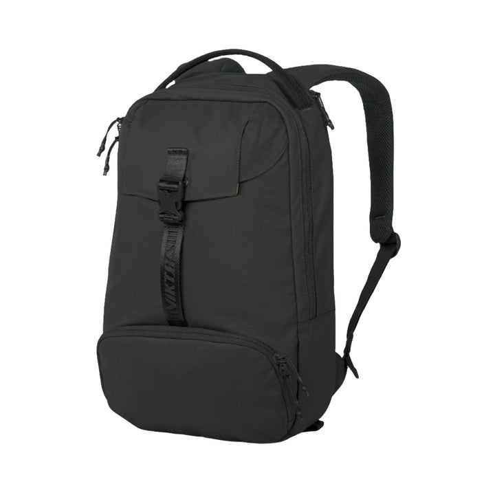 The Viktos Counteract 15 Backpack from Viktos is a sleek black bag equipped with padded shoulder straps, a top handle, and multiple zippered compartments. It includes a front flap pocket with buckle closure, additional side pockets, and a streamlined design ideal for customizable loadouts and off-body carry.