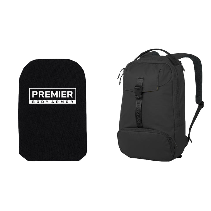 On the left, there is a black rectangular panel labeled "Premier Body Armor." On the right, there is an Armored Viktos Counteract 15 Backpack Bundle with multiple zippers and compartments. The backpack features padded shoulder straps and a top handle, providing an efficient off-body carry solution.