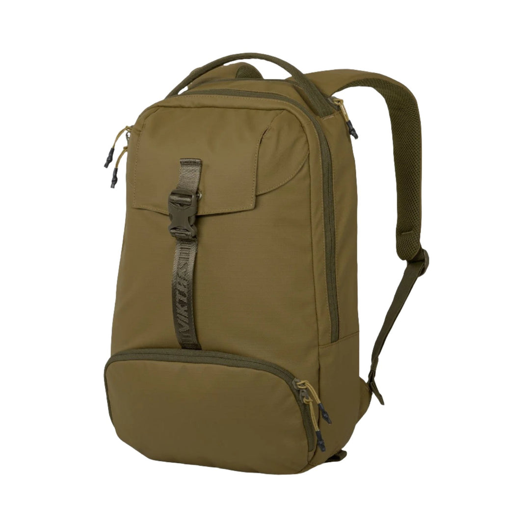 A brown Viktos Counteract 15 Backpack from Viktos, featuring multiple compartments. The design includes a top handle, two shoulder straps, and a front pocket with a buckle. Visible zippers and seams highlight its minimalist aesthetic. Perfect for customizable loadouts, it's standing upright against a white background.