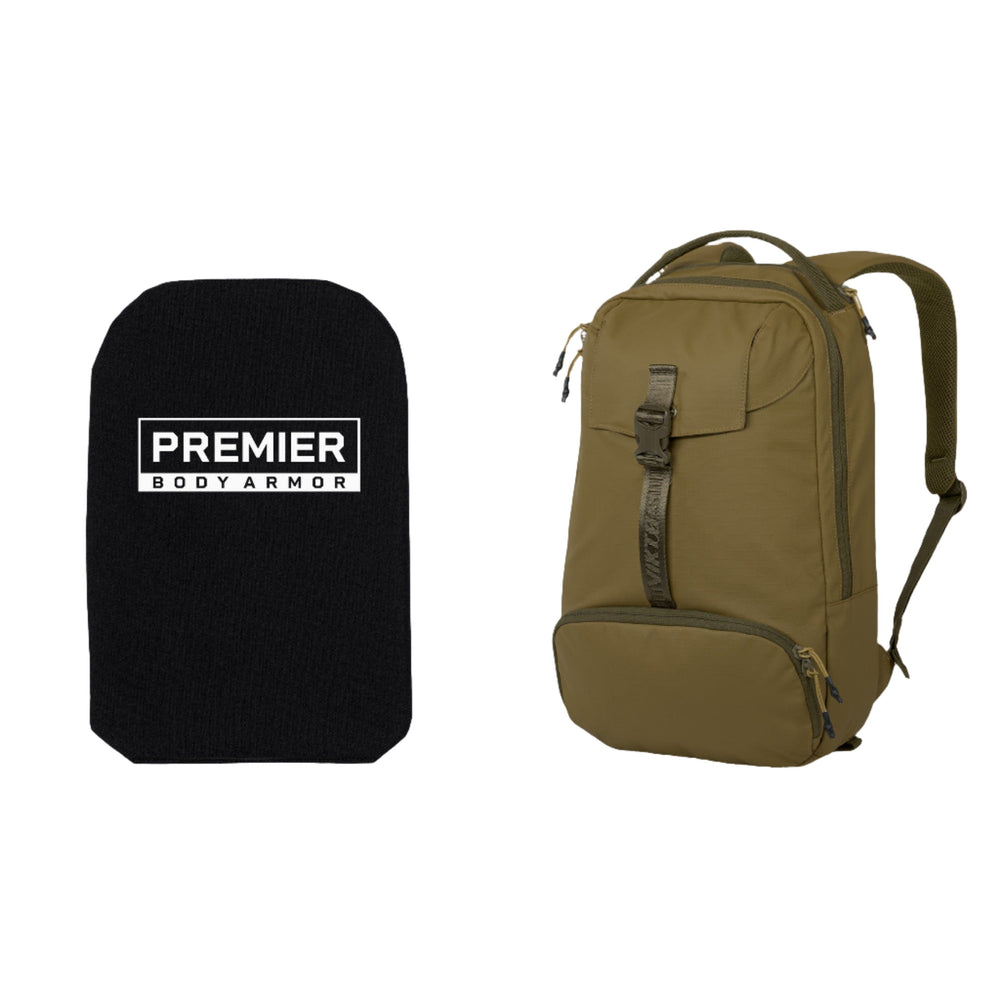 Image showing the Armored Viktos Counteract 15 Backpack Bundle by Viktos/Premier, featuring a Premier Body Armor Level IIIA bulletproof insert on the left and a tan backpack with multiple zippers and a front strap on the right. This off-body carry solution displays the protective insert and backpack separately against a white background.