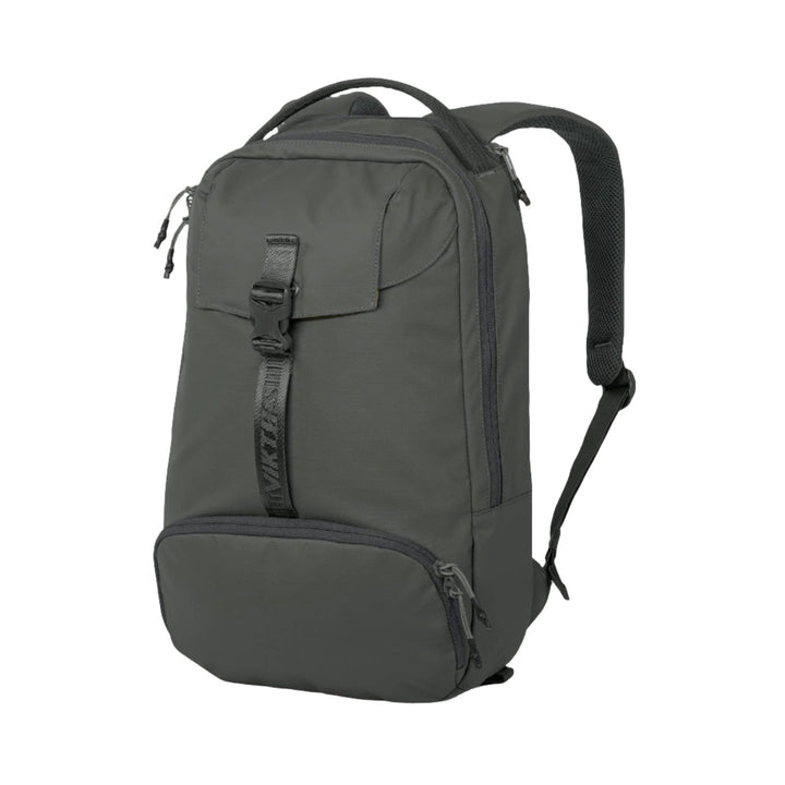 The Viktos Counteract 15 Backpack by Viktos features a sleek grey minimalist design with two main compartments: one with a front flap and latch, and another smaller zippered compartment at the bottom. Perfect for customizable loadouts, it includes padded shoulder straps and a top carrying handle for convenient off-body carry.