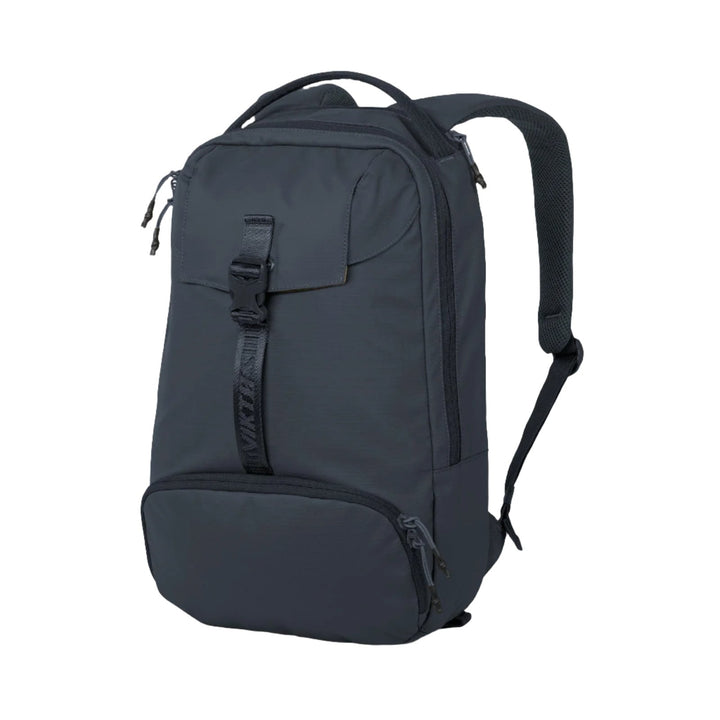 The Viktos Counteract 15 Backpack in dark gray from Viktos boasts a top handle, adjustable shoulder straps, and multiple compartments. Designed for off-body carry, it features a front pocket with both buckle and zipper closures, as well as a lower zippered pocket. The durable fabric allows for customizable loadouts for various uses.