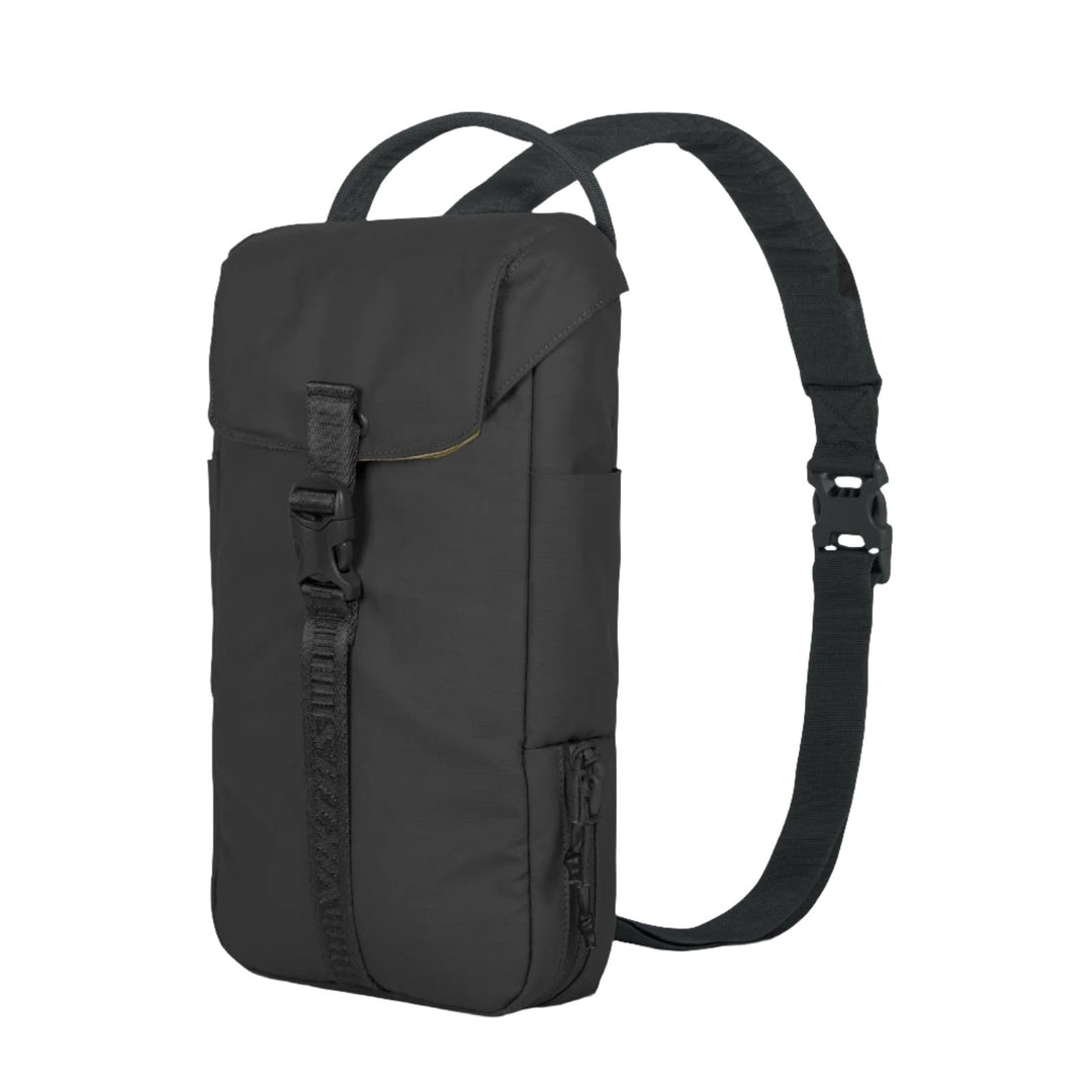 The Viktos/Premier Counteract CCW Slingbag is a slim, black crossbody backpack featuring a single padded strap, side zipper pocket, front buckle closure, and sleek design—perfect for firearm carry.