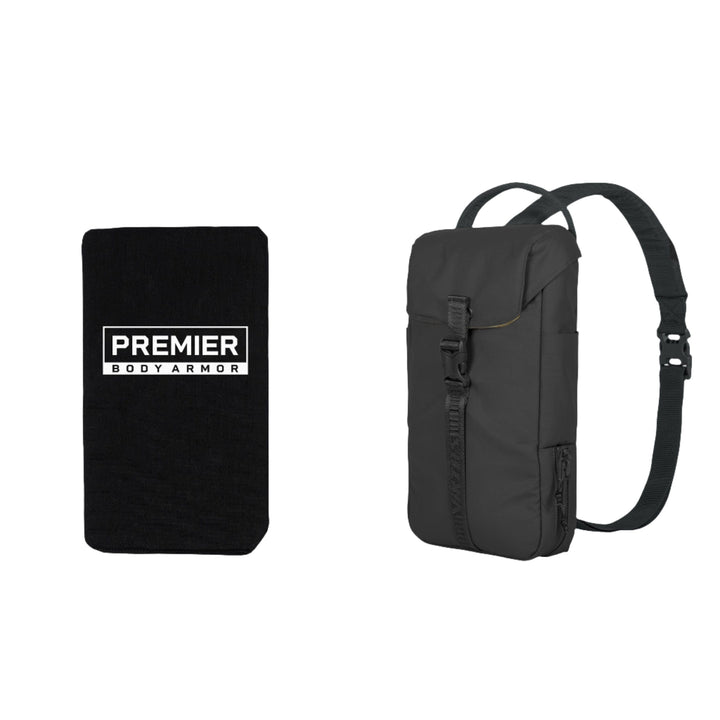 A black rectangular body armor panel with the text "PREMIER BODY ARMOR" sits next to an Armored Viktos Counteract CCW Slingbag, made from weather and stain-resistant material, featuring an innovative slide-out tray and one shoulder strap.