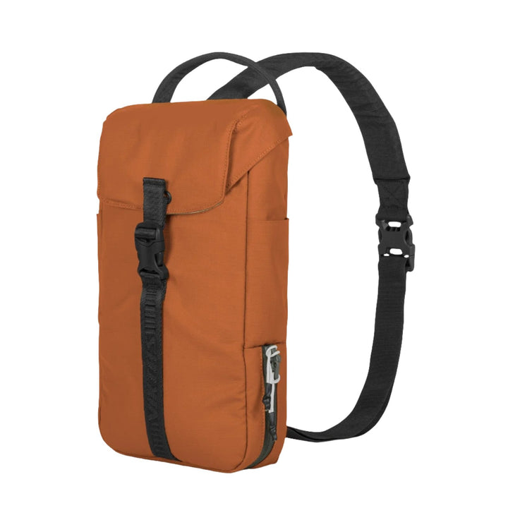 The image displays the Viktos/Premier Viktos Counteract CCW Slingbag in orange. It features a black adjustable strap, a front flap with a buckle closure, and a side zipper pocket designed for firearm carry. The bag appears to be made of durable fabric, set against a plain white background.