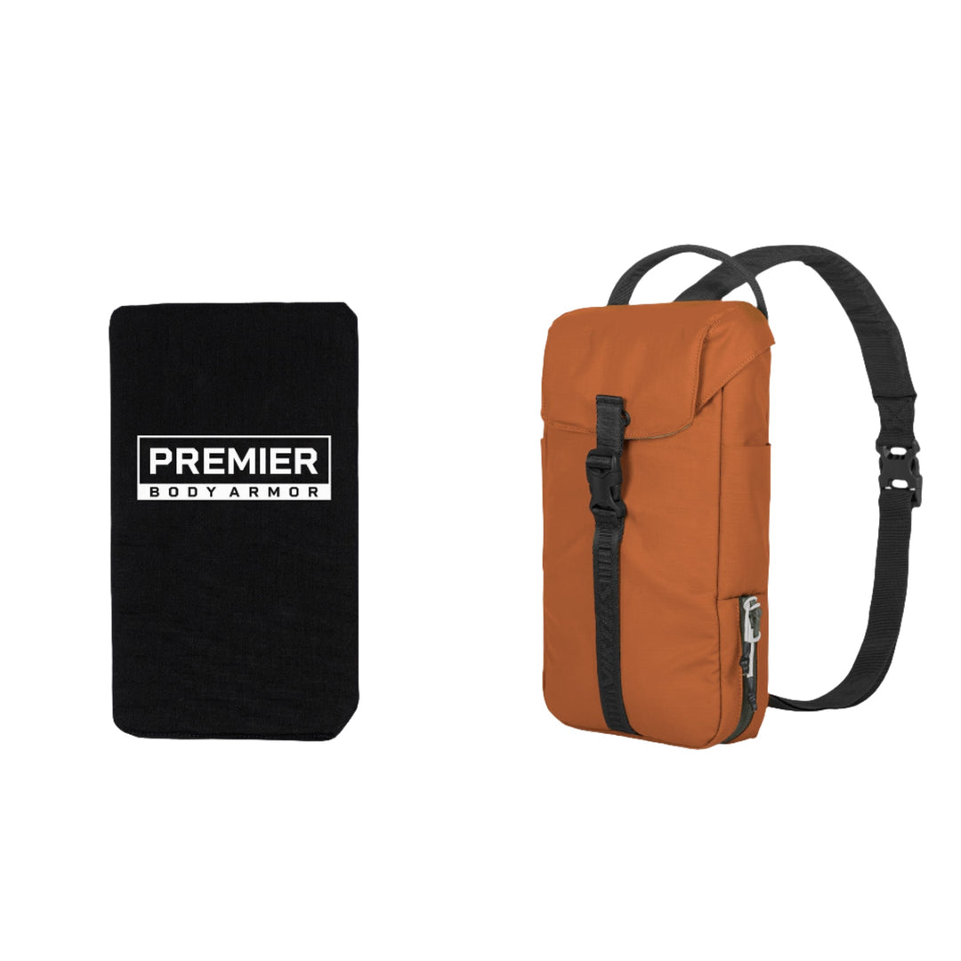 The image displays the Armored Viktos Counteract CCW Slingbag Bundle. On the left, there is a black item featuring the text "PREMIER BODY ARMOR." On the right, you can see an orange Viktos backpack with black straps and a front buckle, made from weather and stain-resistant material.