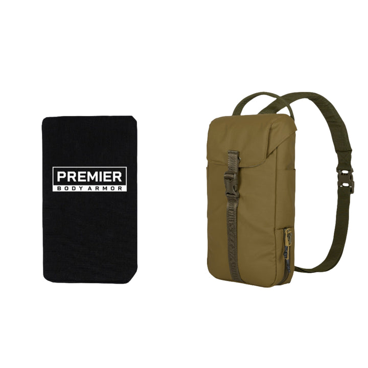 The image shows a black rectangular body armor panel with "Premier Body Armor" written on it next to the olive-green Armored Viktos Counteract CCW Slingbag Bundle by Viktos/Premier. The backpack, made of weather and stain-resistant material, features a single shoulder strap, a front buckle, and an innovative slide-out tray within the zippered compartment.