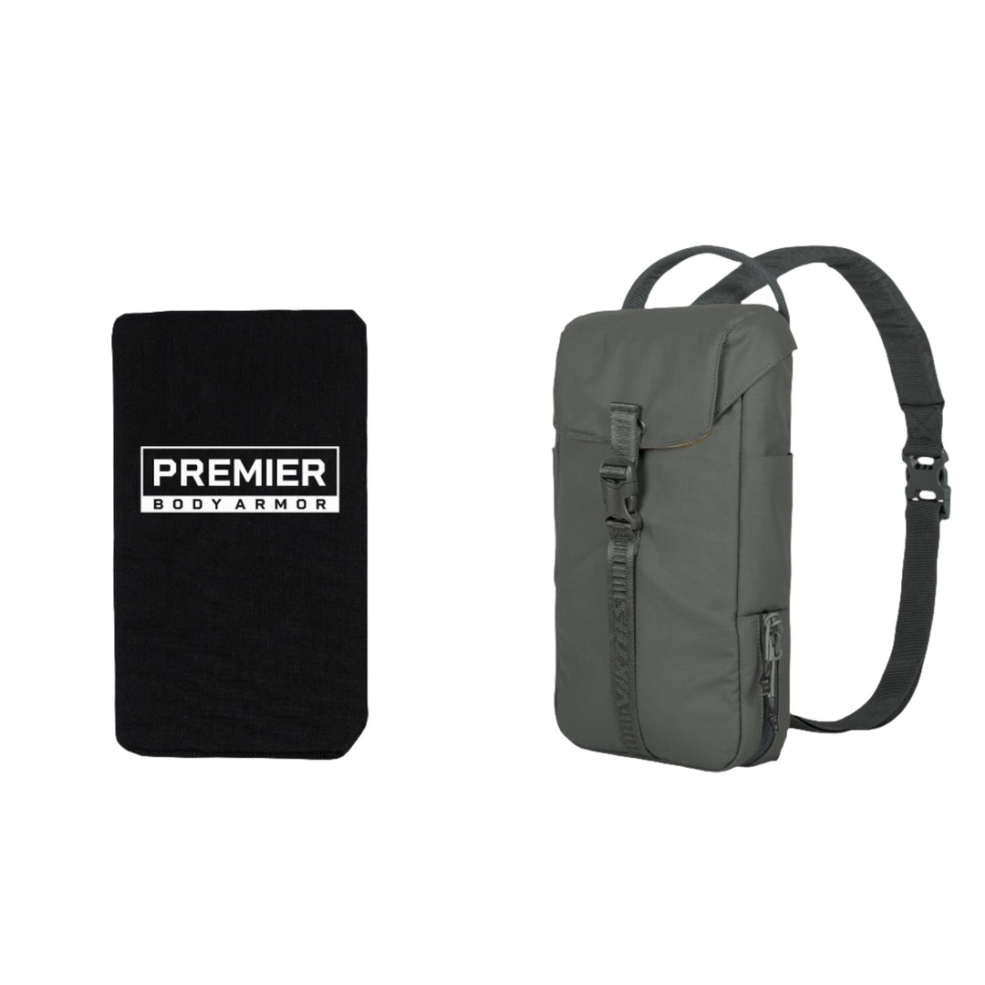 Image of a black body armor panel labeled "Premier Body Armor" next to a Viktos/Premier Armored Viktos Counteract CCW Slingbag Bundle, which features weather and stain-resistant material, a single strap, and multiple compartments.