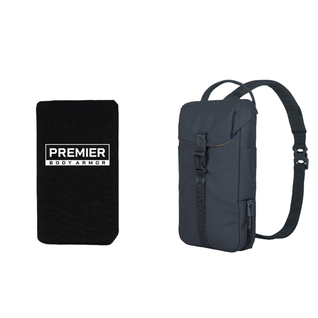 A black rectangular pouch labeled "PREMIER BODY ARMOR" sits next to the Armored Viktos Counteract CCW Slingbag Bundle on the right. The black backpack, crafted by Viktos/Premier using weather and stain-resistant material, features a top flap closure, side zipper pocket, and adjustable shoulder straps.