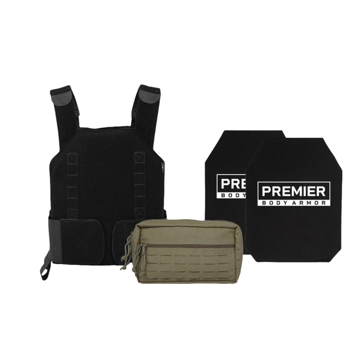 Displayed against a white background are a black tactical vest with two rectangular armor plates labeled "Premier Body Armor," and a khaki-colored pouch, all part of the Premier Body Armor Discreet Defender Bundle - Soft Armor.