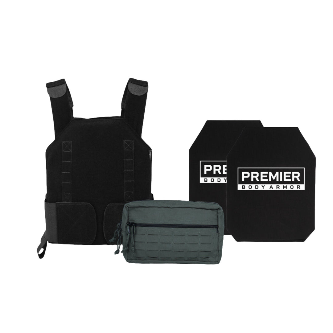 The image showcases the "Discreet Defender Bundle - Soft Armor" from Premier Body Armor, featuring a black tactical vest centrally positioned against a white background, with a pair of Level IIIA Soft Armor plates to its right and a black MOLLE pouch placed in front.