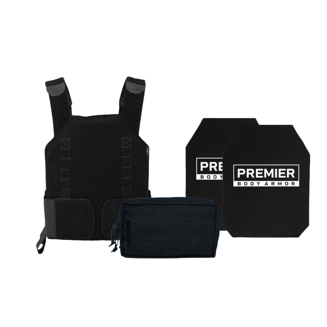 An image showcasing the Discreet Defender Bundle - Soft Armor: a black tactical vest paired with two rectangular ballistic plates labeled "Premier Body Armor," and a small black utility pouch. The items, including Level IIIA soft armor protection, are displayed on a white background.