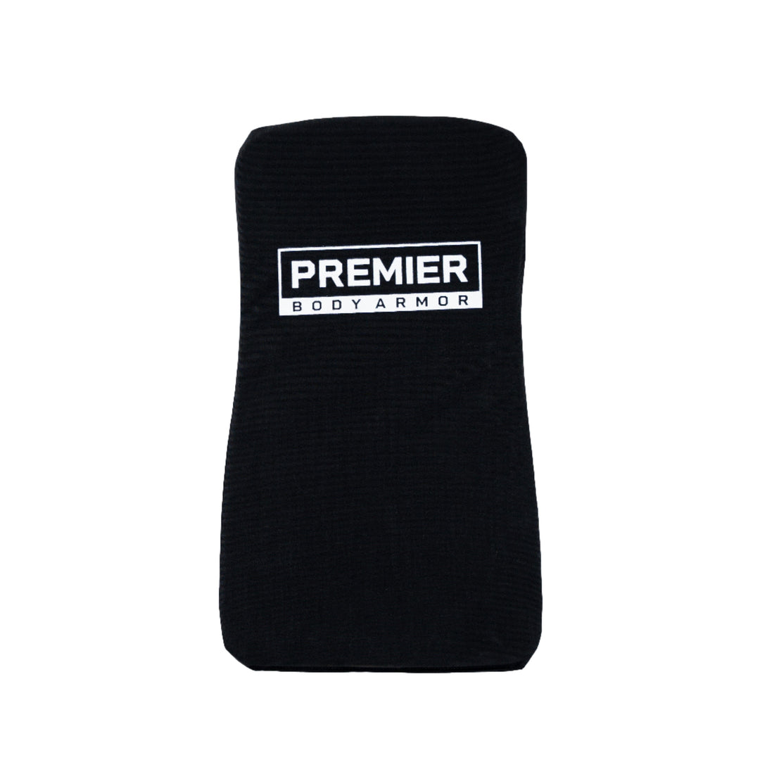 A black Vertx Long Walk 28L Level IIIA Insert from Premier Body Armor, featuring the brand name "PREMIER BODY ARMOR" printed in white on the front. This ballistic insert sports a curved rectangular shape with rounded corners and is displayed against a plain white background. Ideal for use as backpack body armor.