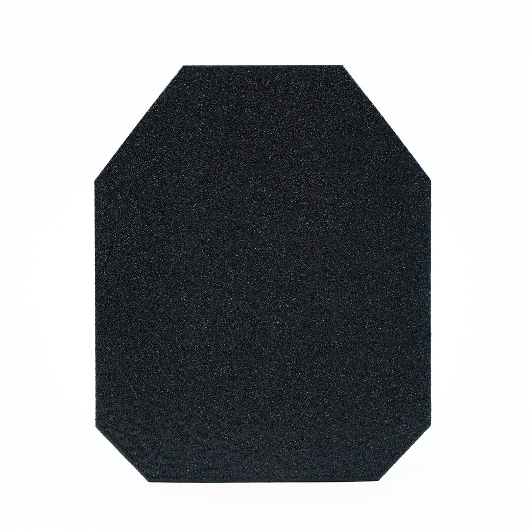 The Highcom AR1000 Guardian Level III+ Plate from Premier Body Armor is a black, textured rectangle with beveled corners, set against a white backdrop, featuring NIJ 0101.06 certified ultra-high hardness steel for enhanced durability.