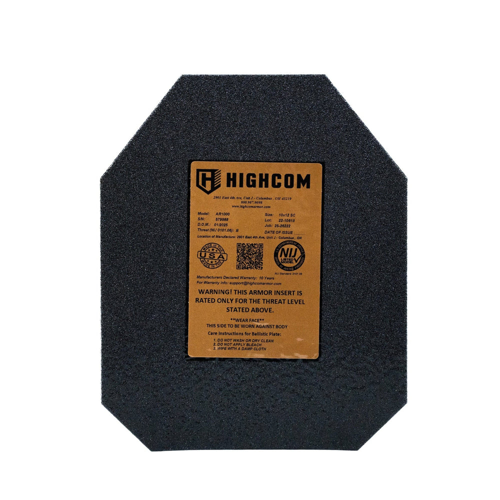 The Highcom AR1000 Guardian Level III+ Plate by Premier Body Armor features an octagonal black design with a front brown label displaying branding and specs. Its rough texture includes safety warnings and NIJ certification logos in English.