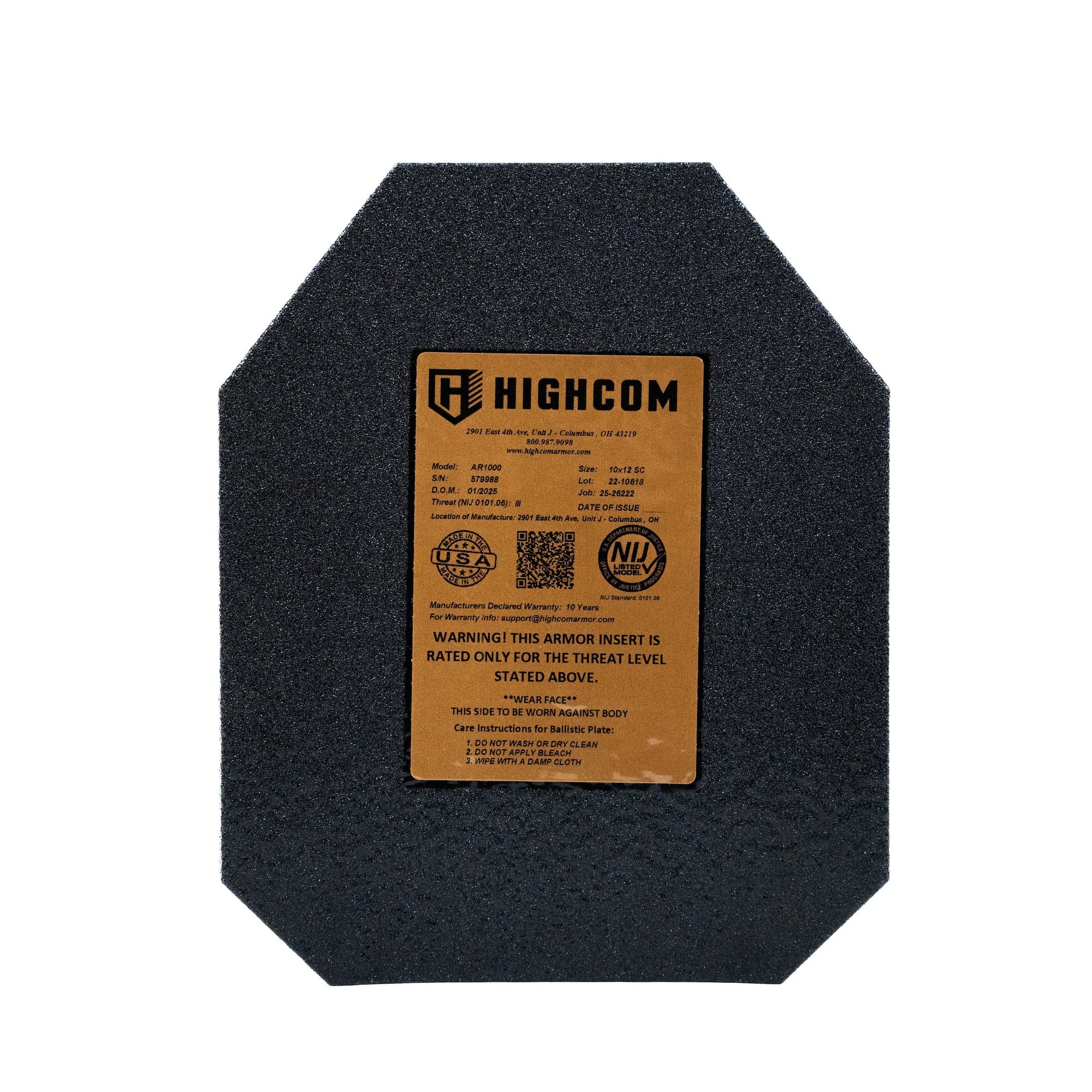 The Highcom AR1000 Guardian Level III+ Plate from Premier Body Armor is a black, textured rectangle with beveled corners, set against a white backdrop, featuring NIJ 0101.06 certified ultra-high hardness steel for enhanced durability.