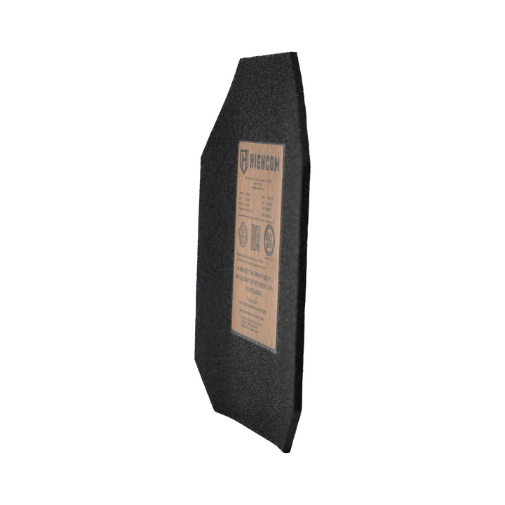 The Premier Body Armor Highcom AR1000 Guardian Level III+ Plate is a black ballistic plate with a textured surface, featuring an NIJ 0101.06 Certified sticker in brown with black logos and text, slightly angled to show the front label and side profile.