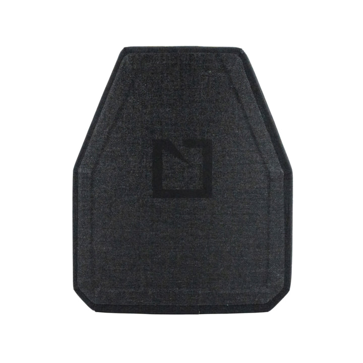 The HESCO L211 Special Threat Plate by Hesco features a sleek hexagonal design with curved sides and corners. Its lightweight ceramic/composite build includes a black surface and a rectangular logo with a downward arrow, highlighting both style and durability.