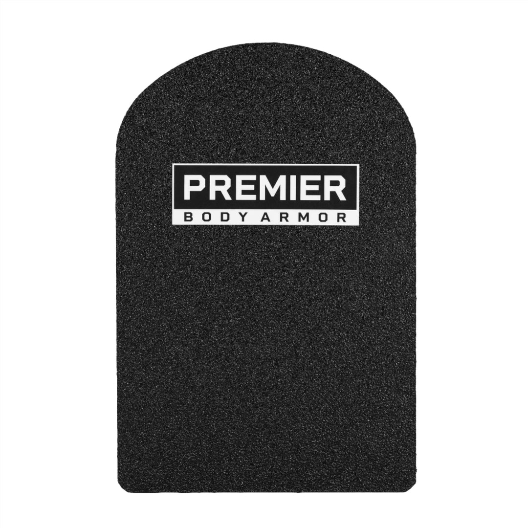 A Universal Fit Level III+ Rifle-Rated Backpack Insert by Premier Body Armor, designed for discreet protection with a rough black surface and a rectangular shape featuring rounded corners. The top is also rounded, and the center displays "PREMIER BODY ARMOR" in white text. This backpack insert meets NIJ ballistic standards.