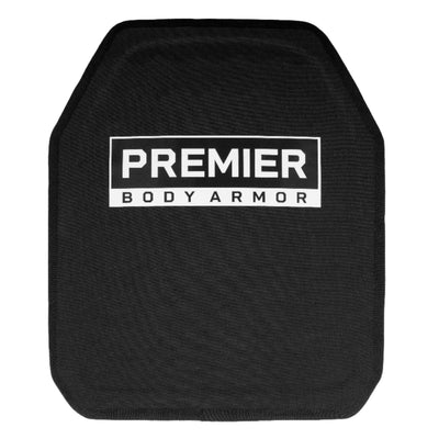 The Fortis III+ Green Tip/RF2 Multi-Curve plate by Premier Body Armor is a black, rectangular Level III+ plate with rounded edges and white “PREMIER BODY ARMOR” text on the front, offering advanced ballistic protection.