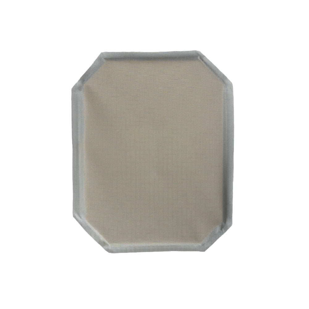 A rectangular, beige fabric item with slightly rounded corners and grey edges is shown against a plain white background. The structured and flat fabric appears to be part of the 6x8 Cummerbund Armor by Premier Body Armor, offering Level IIIA protection.