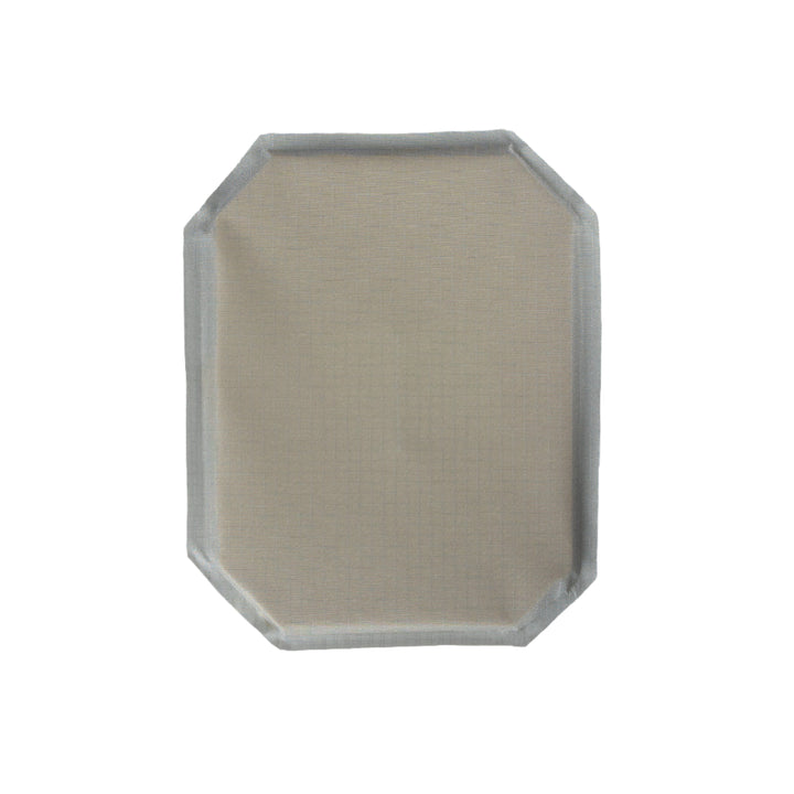 A rectangular, beige fabric item with slightly rounded corners and grey edges is shown against a plain white background. The structured and flat fabric appears to be part of the 6x8 Cummerbund Armor by Premier Body Armor, offering Level IIIA protection.