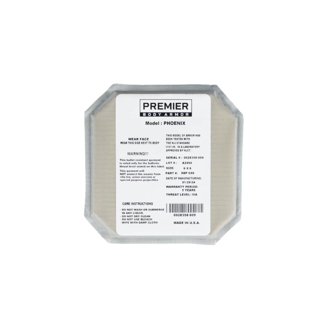 A square body armor panel labeled "Premier Body Armor 6x6 Cummerbund Armor" provides Level IIIA protection. The panel displays instructions and details including thickness, serial number, lot number, and warranty information. Text also includes care instructions and a warning message about ballistic defense.